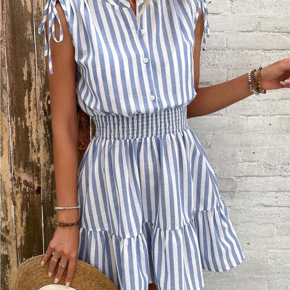 SHEIN Blue and White Ruffled Smocked Mini Sundress